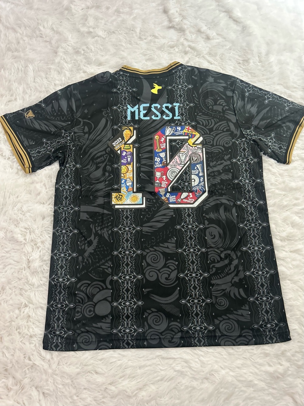adidas Black Messi #10 Graphic Soccer Jersey with Gold Trim